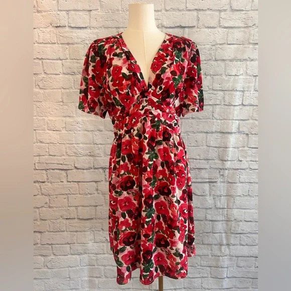 Romantic Floral Mini Dress Red & Pink Roses Empire Waist Low Cut Deep V-Neck - Picture 3 of 15